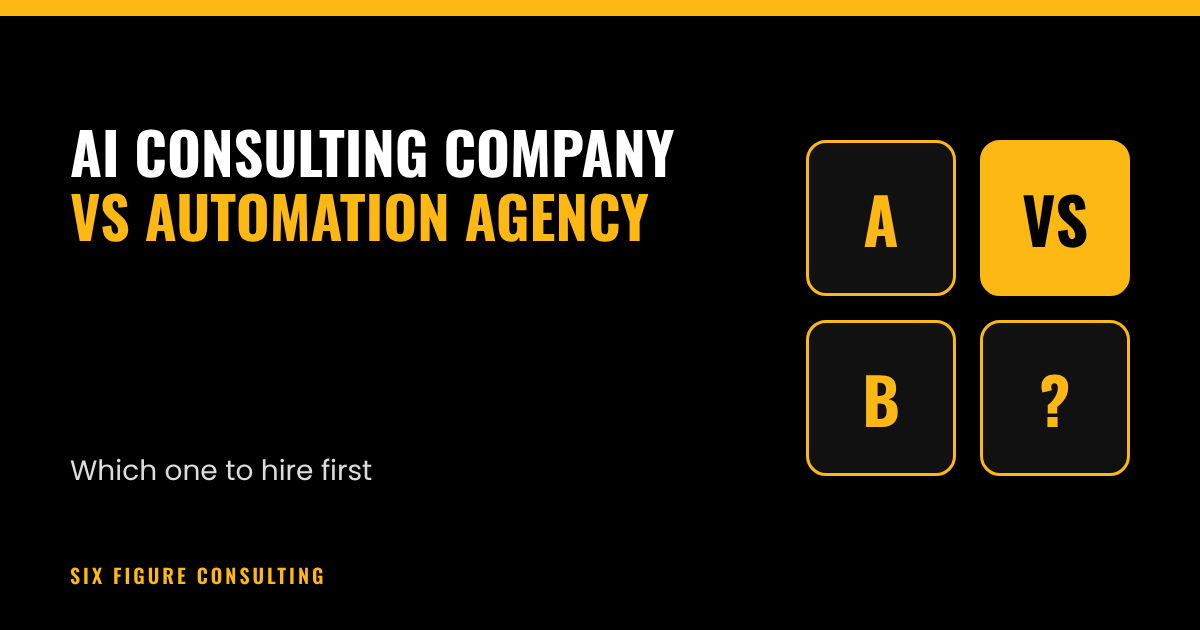Two-column comparison graphic: AI consulting company versus AI automation agency