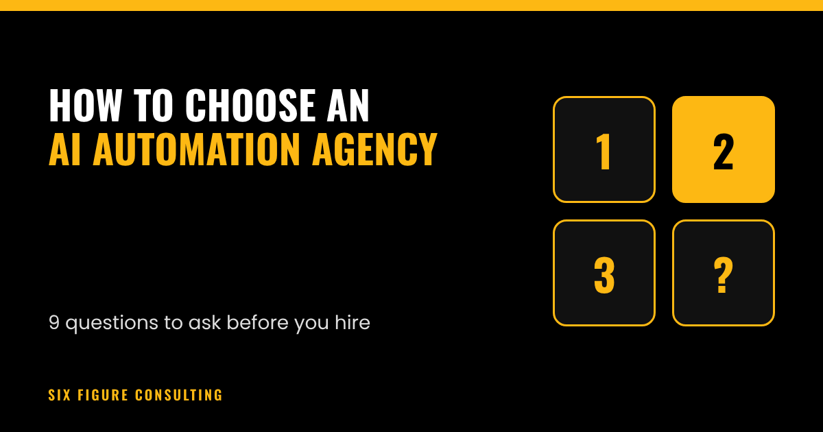 Checklist graphic: 9 questions to ask before hiring an AI automation agency
